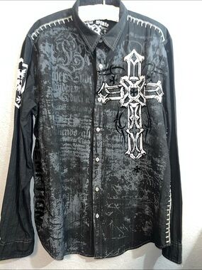 Men’s Raw State Black Graphic Cross Button-Down Shirt